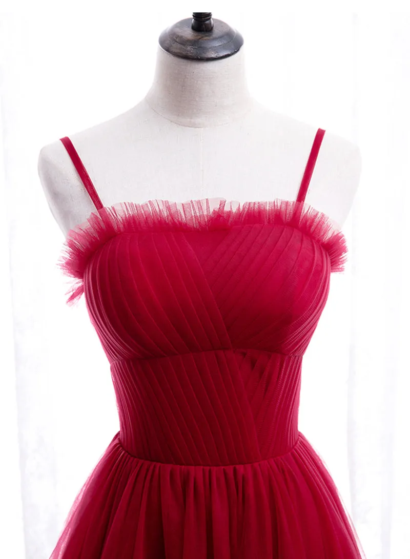 Simple Tulle Long Prom Dress, Red Spaghetti Strap Evening Party Dress