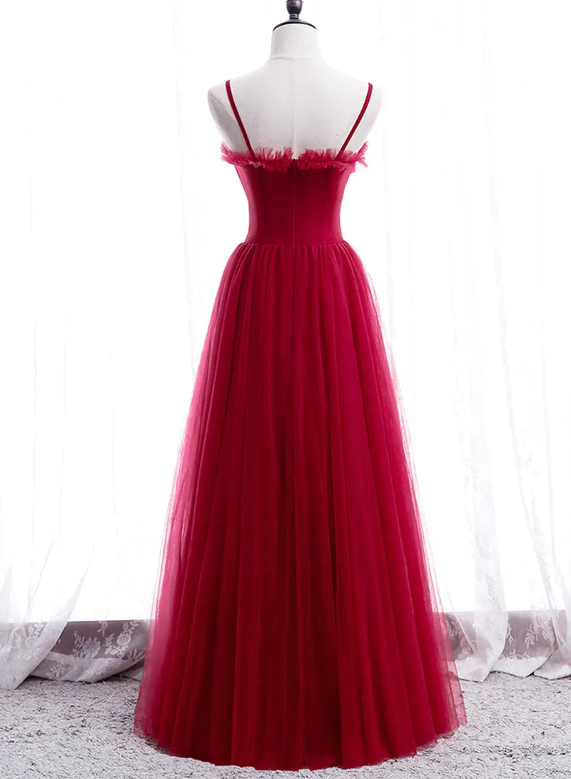 Simple Tulle Long Prom Dress, Red Spaghetti Strap Evening Party Dress