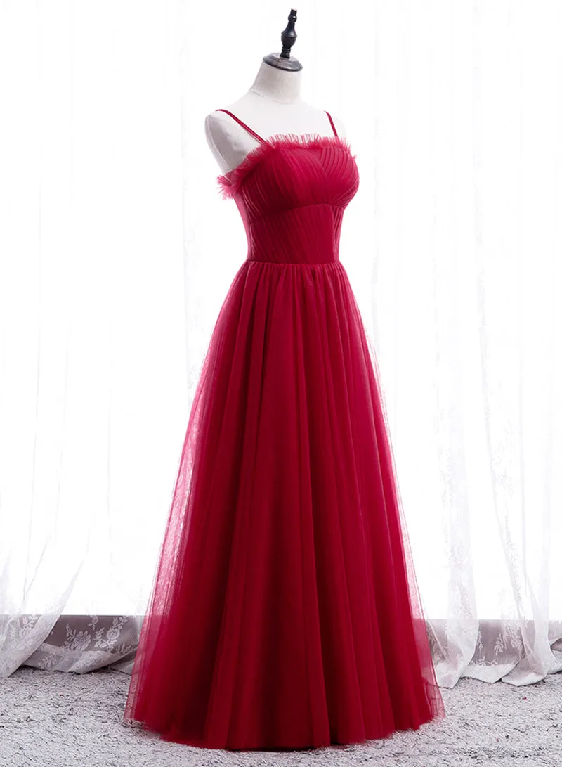 Simple Tulle Long Prom Dress, Red Spaghetti Strap Evening Party Dress