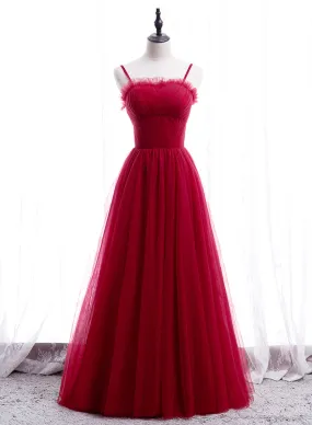 Simple Tulle Long Prom Dress, Red Spaghetti Strap Evening Party Dress