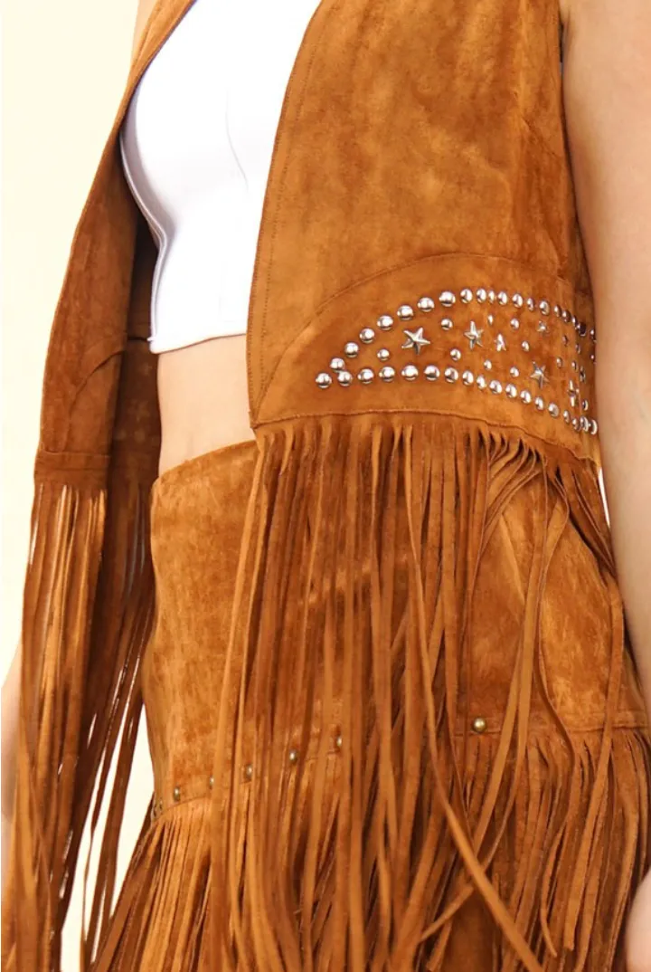 Suede Silver Studded Fringe Vest - Brown