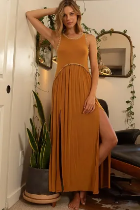Toffee Brown Sleeveless Back Zipper Front Slit Maxi Dress