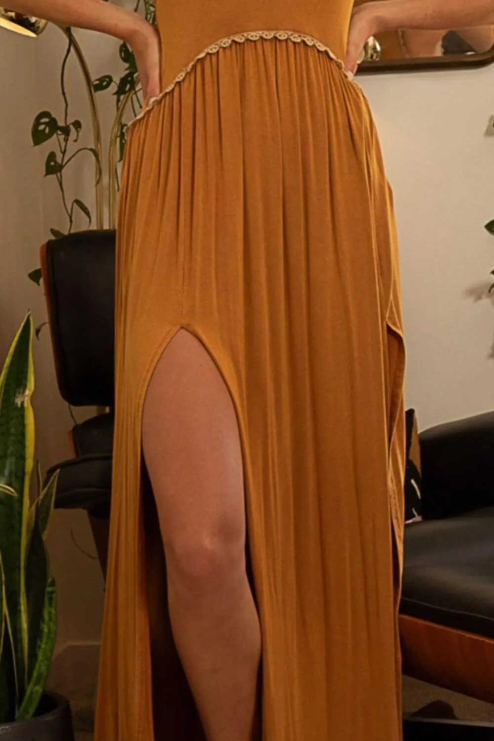 Toffee Brown Sleeveless Back Zipper Front Slit Maxi Dress